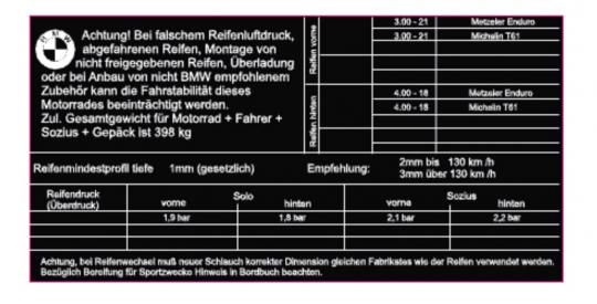 Hinweisschild Reifenluftdruck G/S 