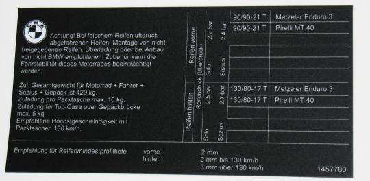 Hinweißschild Reifenluftdruck GS + Basic 